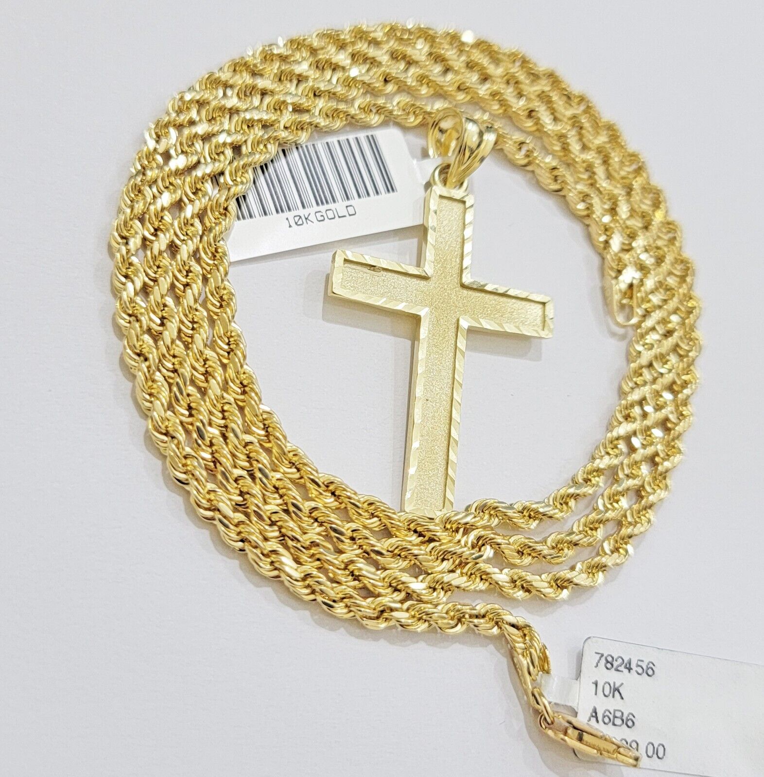 10k Gold Rope Chain Cross Charm Pendant Set 18" - 28" inch 3mm Necklace, REAL 10KT - Reva Jeweler