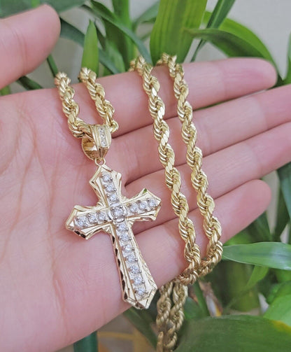 10k Gold Rope Chain Cross Charm Pendant Set Necklace 22" inch 5mm, REAL 10kt Men - Reva Jeweler
