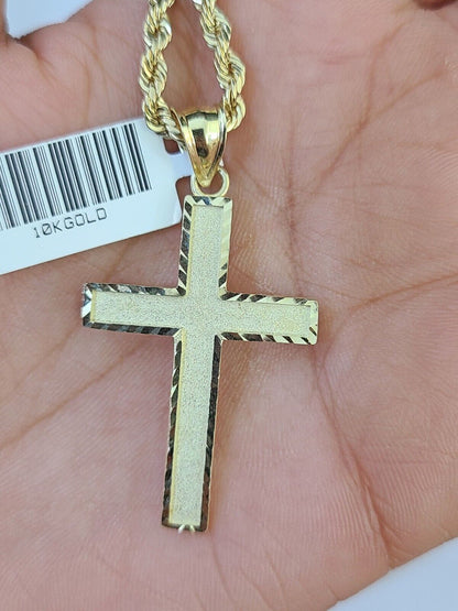 10k Gold Rope Chain & Cross Charm Pendent SET 3mm 22 Inches Necklace - Reva Jeweler