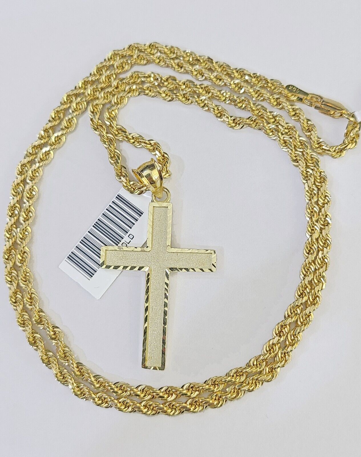 10k Gold Rope Chain & Cross Charm Pendent SET 3mm 22 Inches Necklace - Reva Jeweler