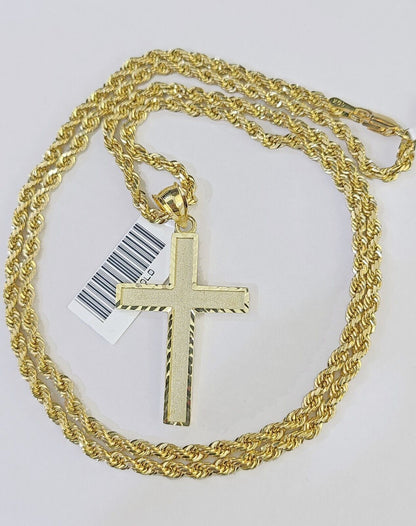 10k Gold Rope Chain & Cross Charm Pendent SET 3mm 22 Inches Necklace - Reva Jeweler
