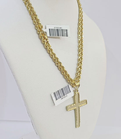10k Gold Rope Chain & Cross Charm Pendent SET 3mm 22 Inches Necklace - Reva Jeweler