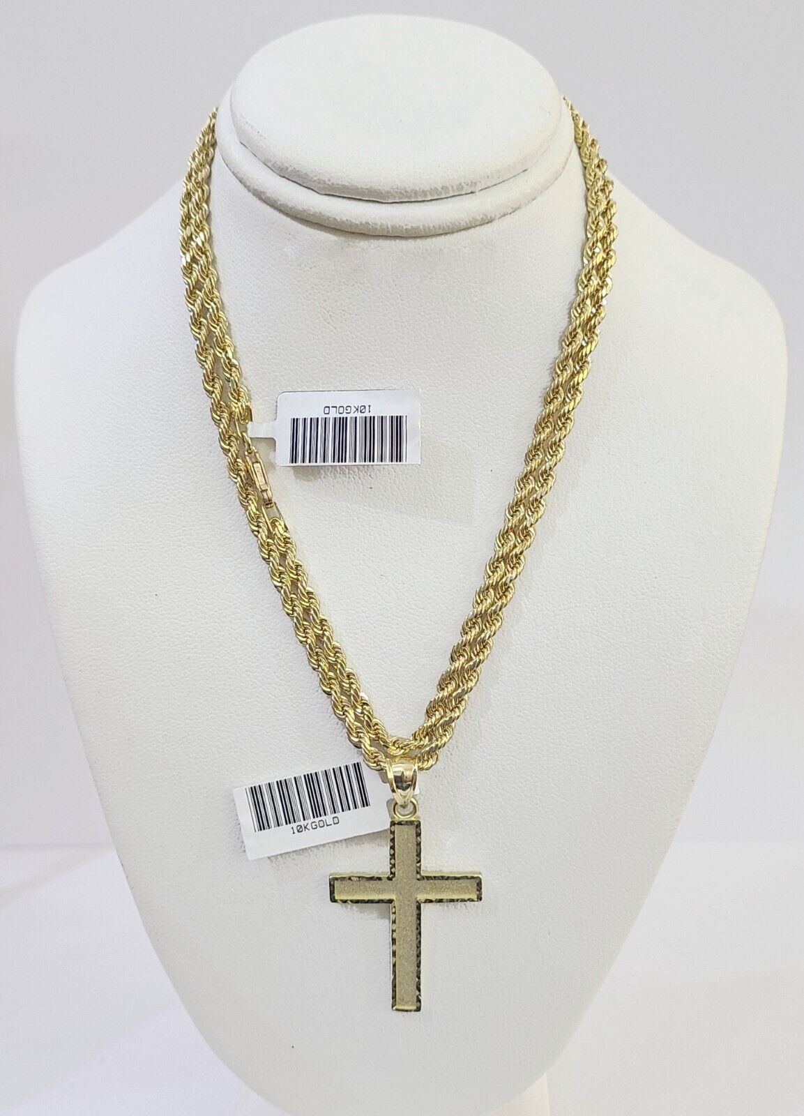 10k Gold Rope Chain & Cross Charm Pendent SET 3mm 22 Inches Necklace - Reva Jeweler