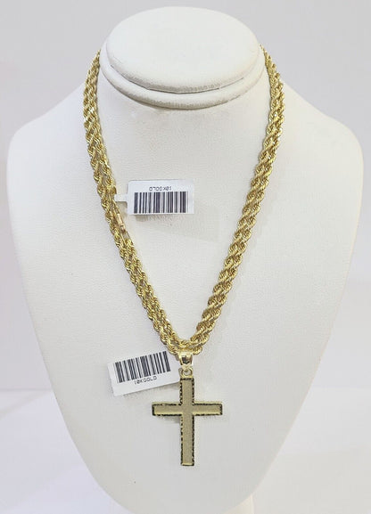 10k Gold Rope Chain & Cross Charm Pendent SET 3mm 22 Inches Necklace - Reva Jeweler