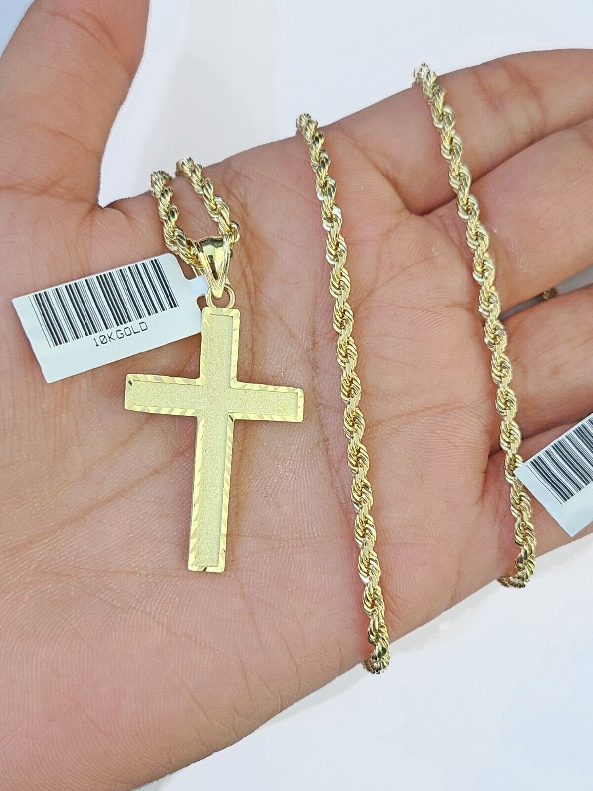 10k Gold Rope Chain & Cross Charm Pendent SET 3mm 22 Inches Necklace - Reva Jeweler