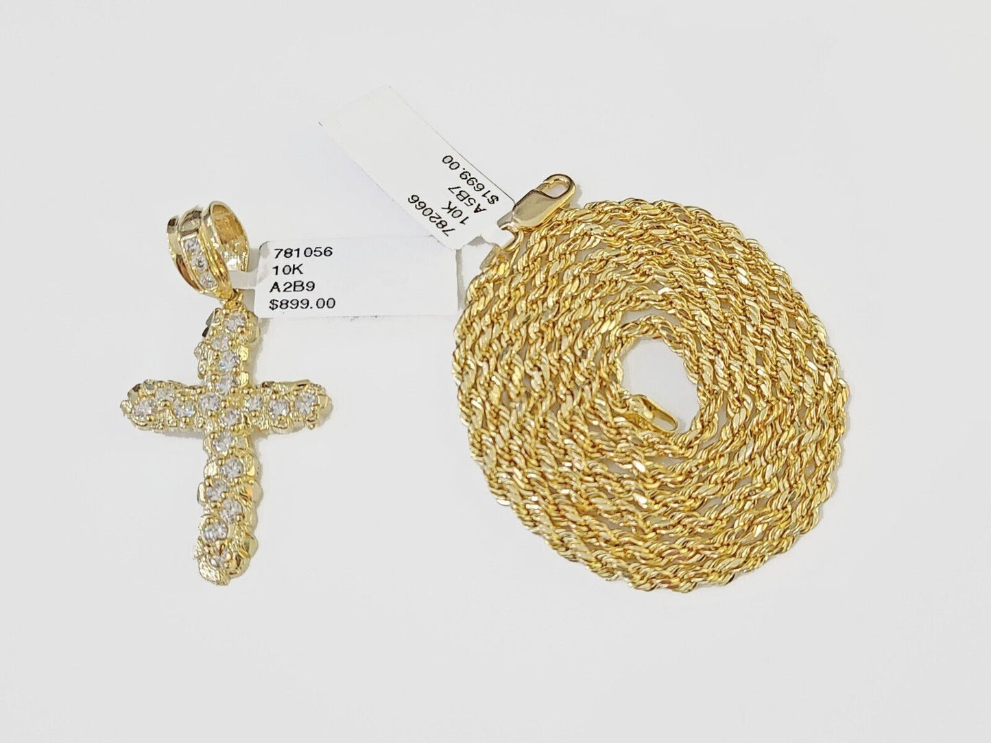 10k Gold Rope Chain & Cross Charm Pendent SET 3mm 22 Inches Necklace , Real 10kt - Reva Jeweler