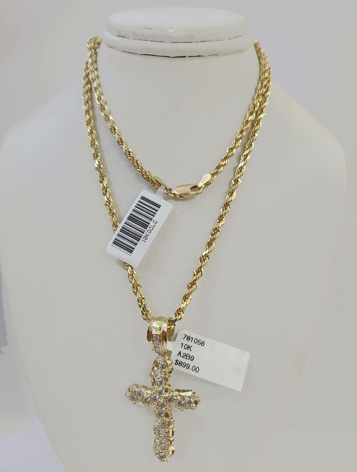 10k Gold Rope Chain & Cross Charm Pendent SET 3mm 22 Inches Necklace , Real 10kt - Reva Jeweler