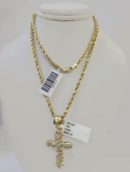 10k Gold Rope Chain & Cross Charm Pendent SET 3mm 22 Inches Necklace , Real 10kt - Reva Jeweler