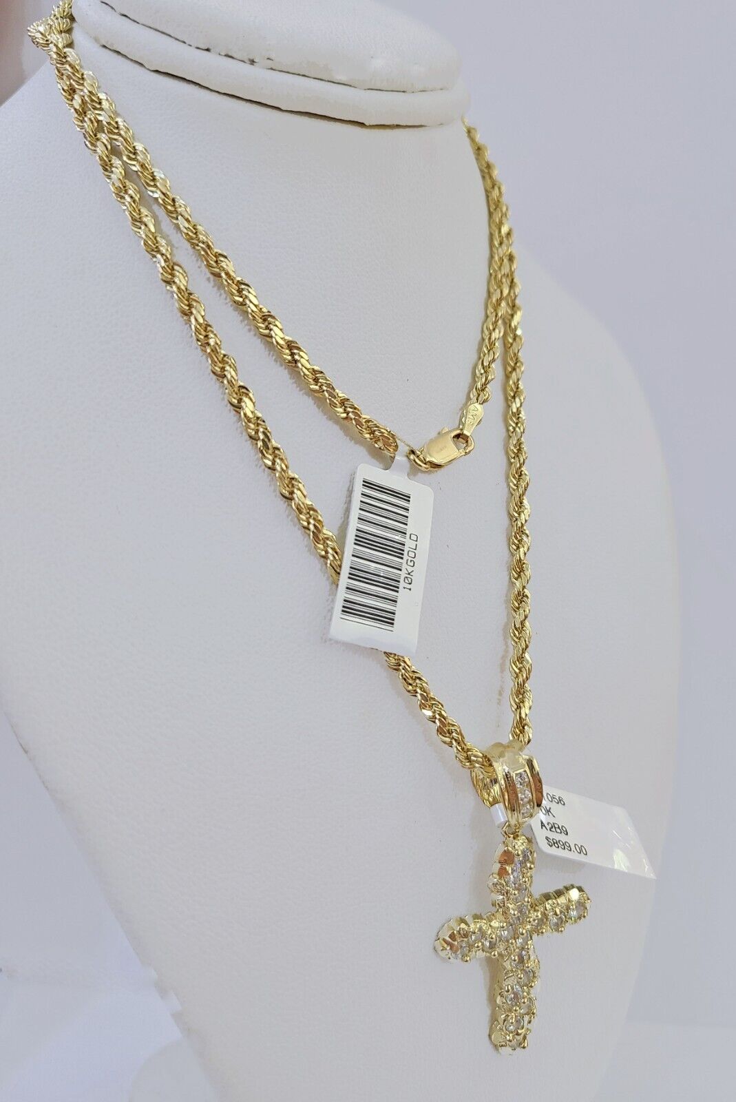 10k Gold Rope Chain & Cross Charm Pendent SET 3mm 22 Inches Necklace , Real 10kt - Reva Jeweler