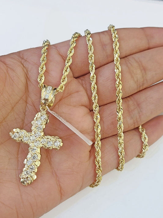 10k Gold Rope Chain & Cross Charm Pendent SET 3mm 22 Inches Necklace , Real 10kt - Reva Jeweler