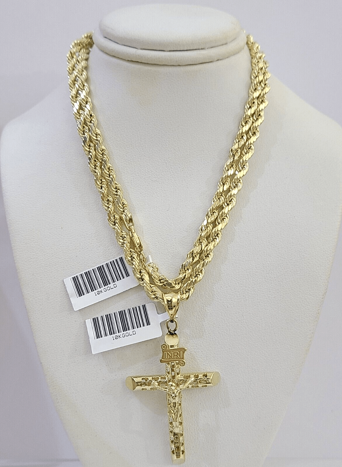 10k Gold Rope Chain & Cross Charm Pendent SET 4mm 24 Inches Necklace - Reva Jeweler