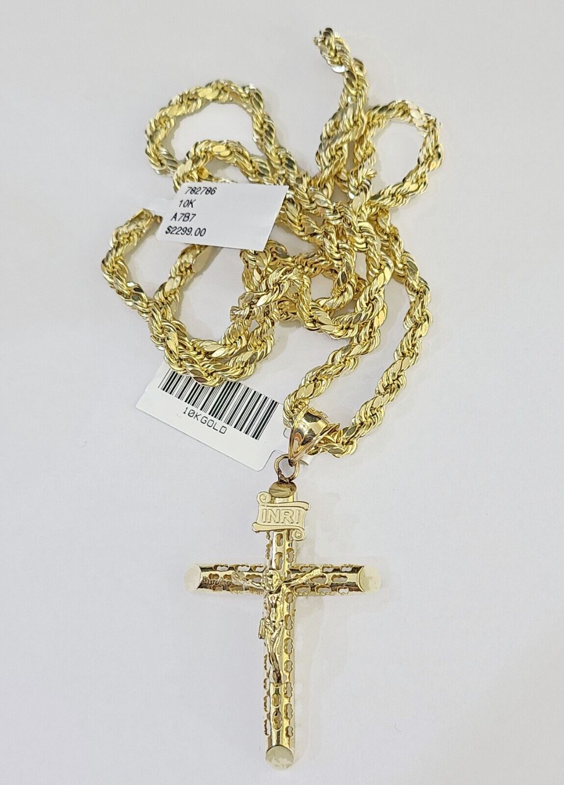 10k Gold Rope Chain & Cross Charm Pendent SET 4mm 24 Inches Necklace - Reva Jeweler