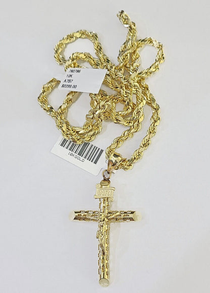 10k Gold Rope Chain & Cross Charm Pendent SET 4mm 24 Inches Necklace - Reva Jeweler