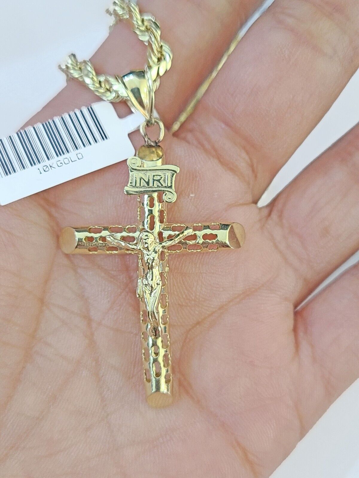 10k Gold Rope Chain & Cross Charm Pendent SET 4mm 24 Inches Necklace - Reva Jeweler