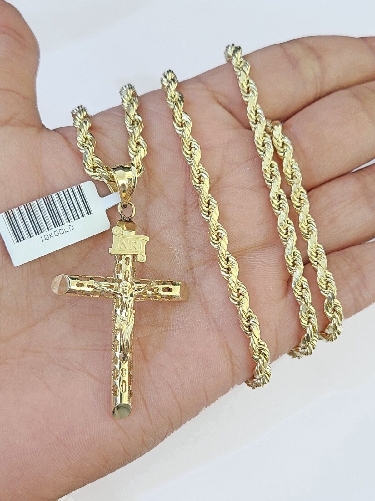 10k Gold Rope Chain & Cross Charm Pendent SET 4mm 24 Inches Necklace - Reva Jeweler