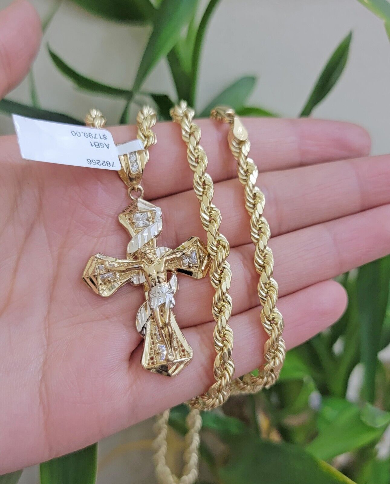 10k Gold Rope Chain Cross Charm Set Necklace 20" inch 5mm Jesus Pendant REAL 10K - Reva Jeweler