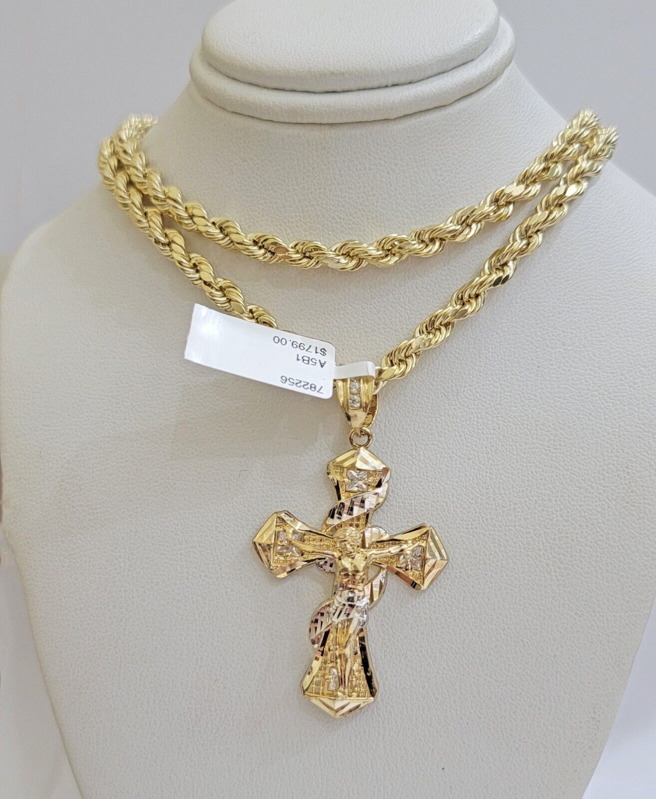 10k Gold Rope Chain Cross Charm Set Necklace 22" inch 5mm Jesus Pendant REAL 10K - Reva Jeweler