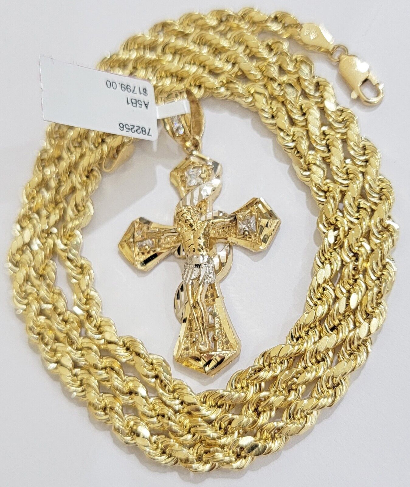 10k Gold Rope Chain Cross Charm Set Necklace 24" inch 5mm Jesus Pendant REAL 10K - Reva Jeweler