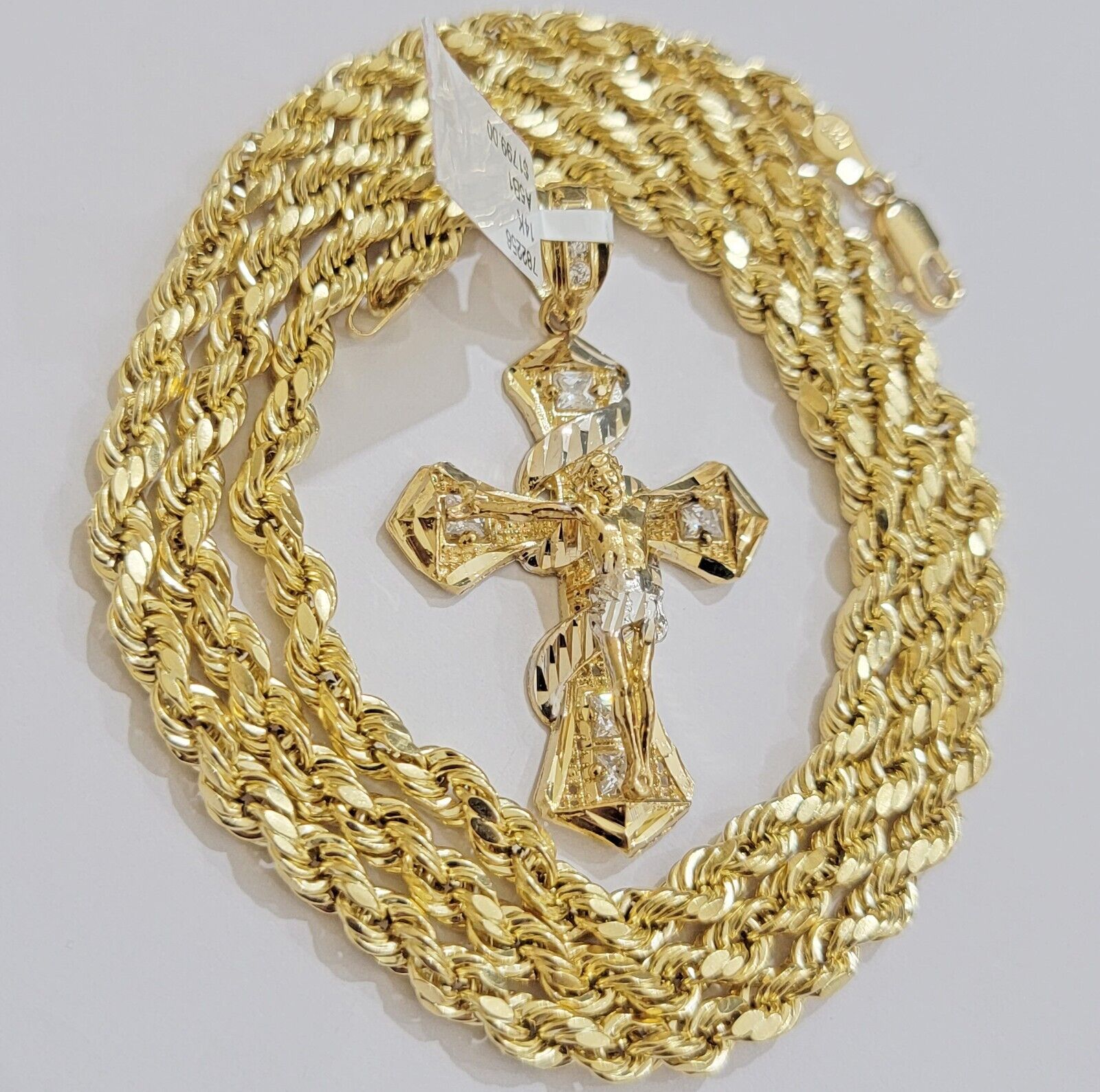 10k Gold Rope Chain Cross Charm Set Necklace 26" inch 5mm Jesus Pendant REAL 10K - Reva Jeweler