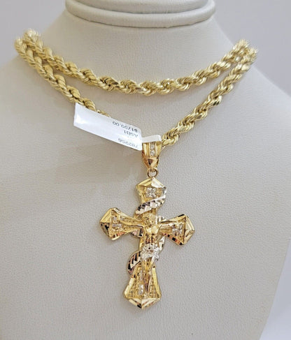10k Gold Rope Chain Cross Charm Set Necklace 28" inch 5mm Jesus Pendant REAL 10K - Reva Jeweler