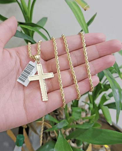 10k Gold Rope Chain Cross pendant Set 3mm 20 Inch Necklace & Charm REAL 10kt - Reva Jeweler