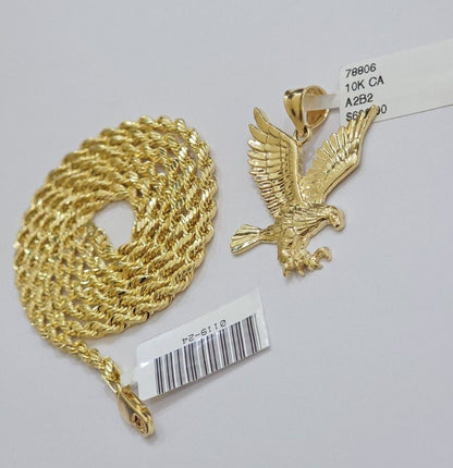 10k Gold Rope Chain Eagle Charm Pendant Set 22'' Inches 3mm Necklace REAL SALE - Reva Jeweler
