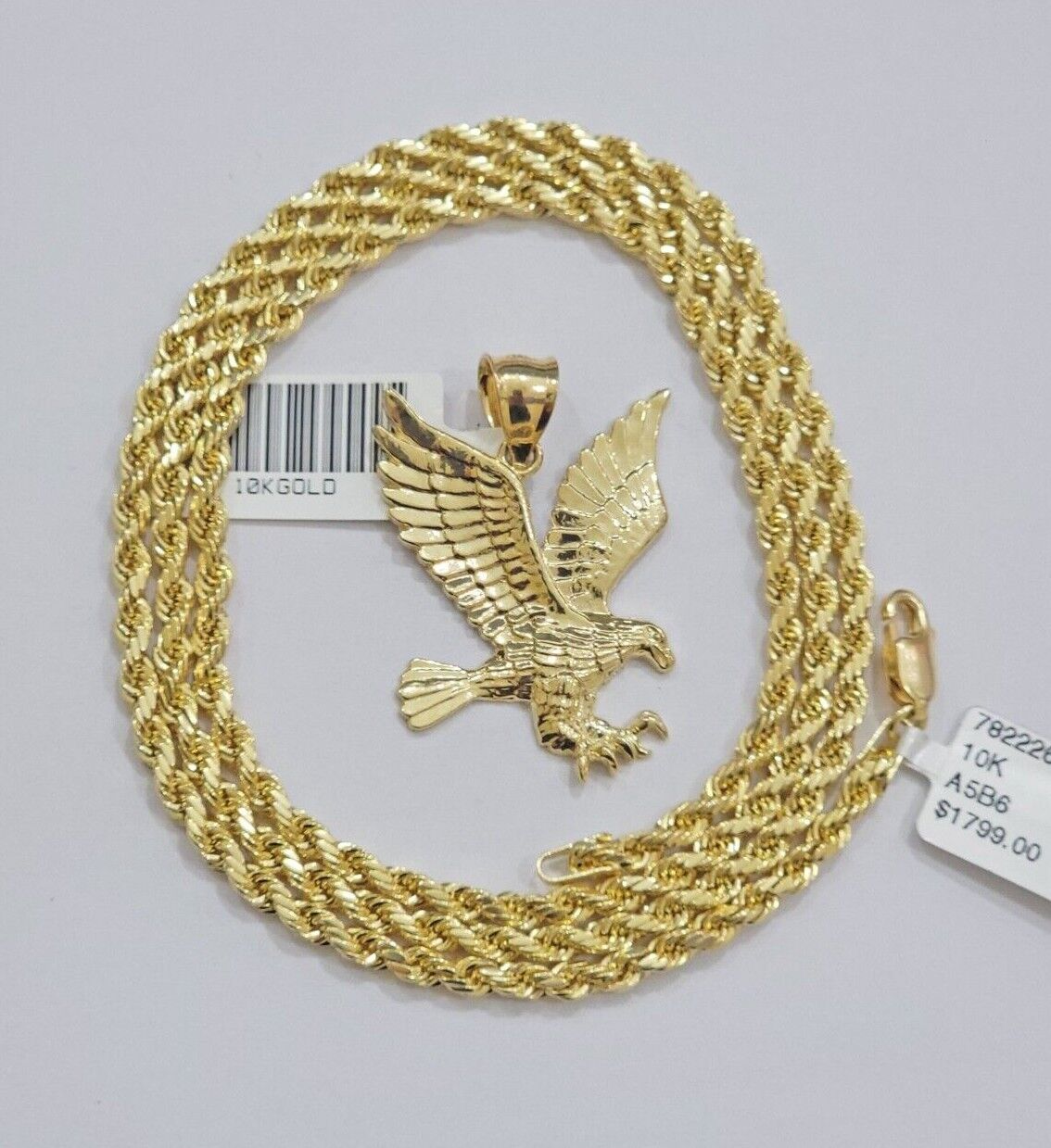 10k Gold Rope Chain Eagle Charm Pendant Set 22'' Inches 3mm Necklace REAL SALE - Reva Jeweler