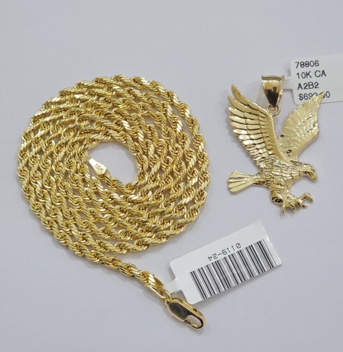 10k Gold Rope Chain Eagle Charm Pendant Set 22'' Inches 3mm Necklace REAL SALE - Reva Jeweler