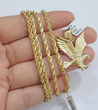 10k Gold Rope Chain Eagle Charm Pendant Set 22'' Inches 3mm Necklace REAL SALE - Reva Jeweler