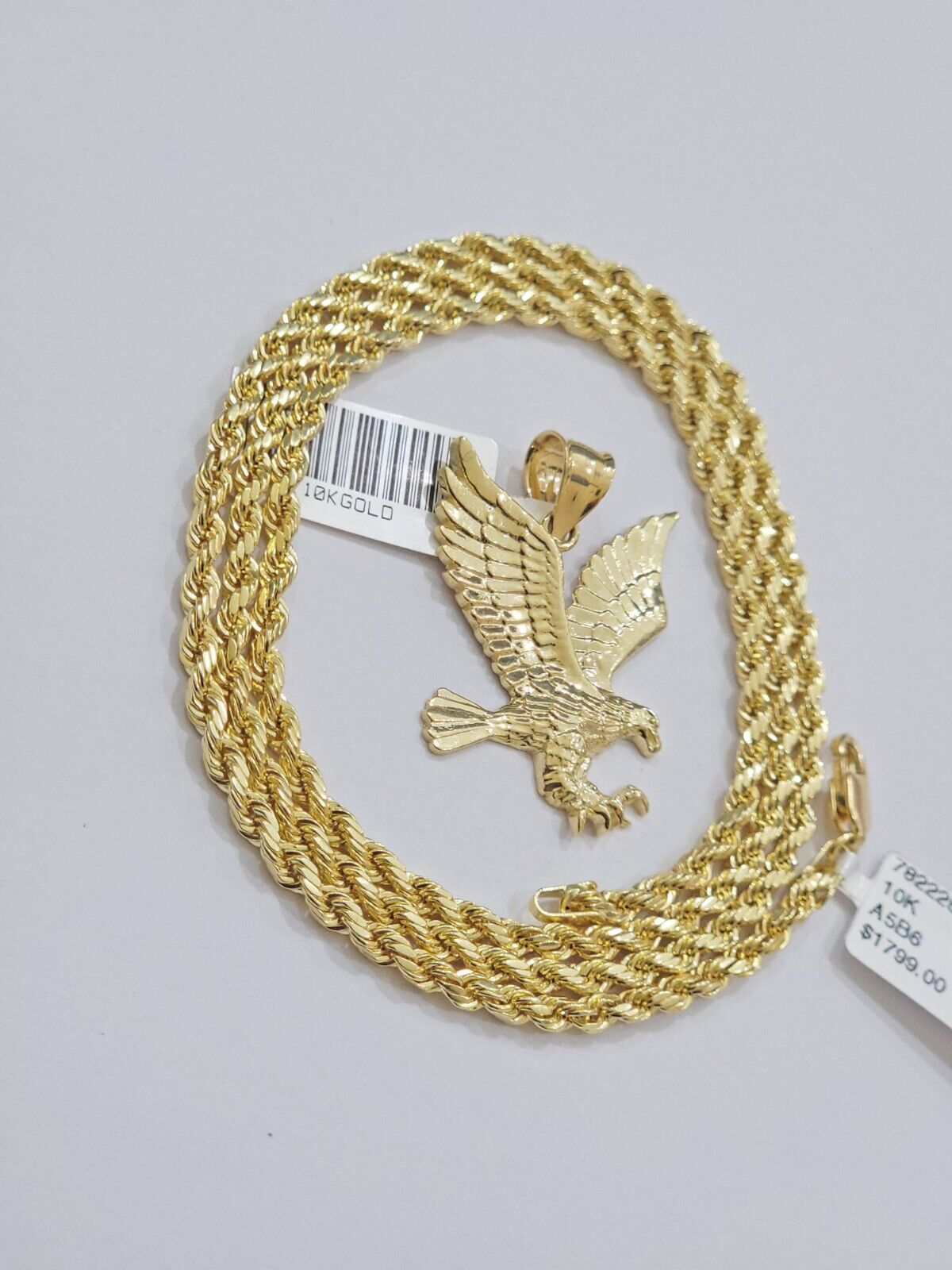 10k Gold Rope Chain Eagle Charm Pendant Set 22'' Inches 3mm Necklace REAL SALE - Reva Jeweler