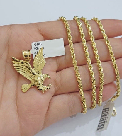10k Gold Rope Chain Eagle Charm Pendant Set 22'' Inches 3mm Necklace REAL SALE - Reva Jeweler