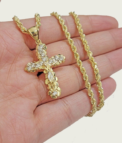 10k Gold Rope Chain Jesus Cross Charm Pendant Set 18 - 28" inch 3mm Necklace, REAL - Reva Jeweler