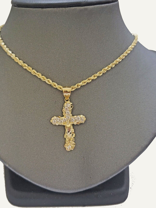 10k Gold Rope Chain Jesus Cross Charm Pendant Set 18 - 28" inch 3mm Necklace, REAL - Reva Jeweler