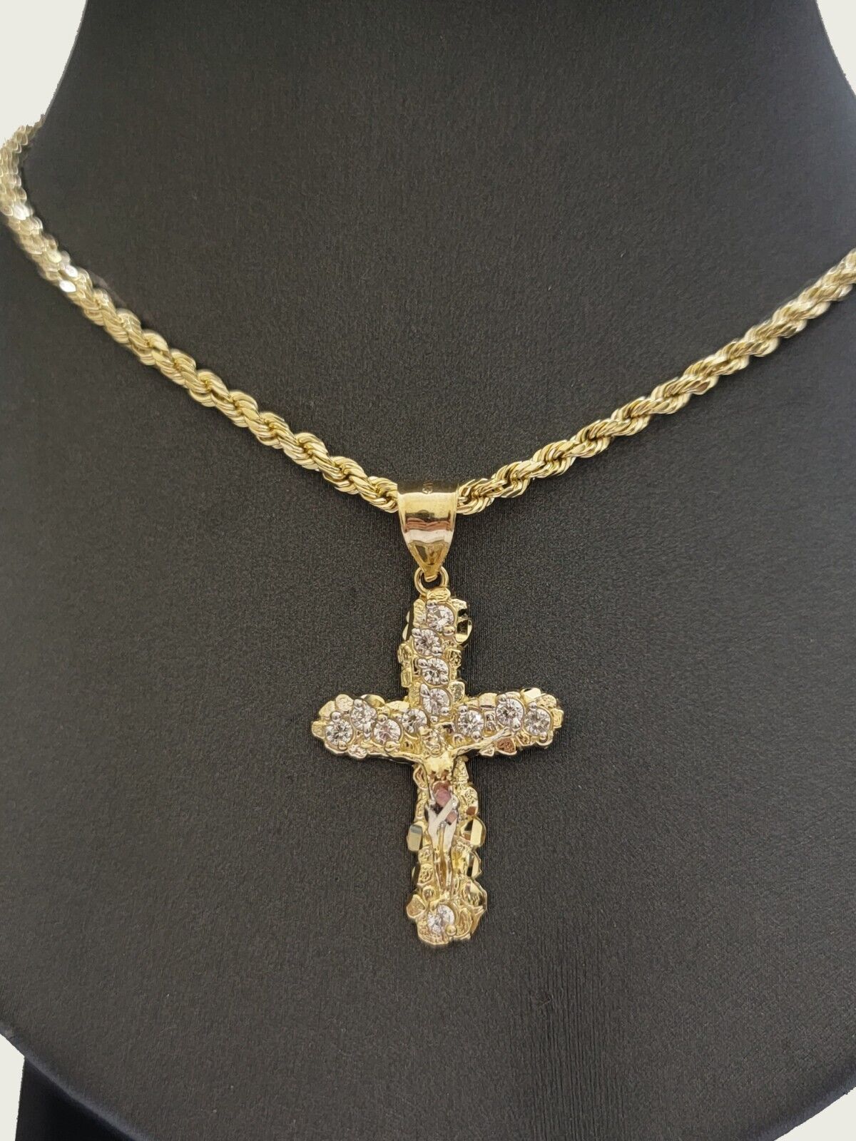 10k Gold Rope Chain Jesus Cross Charm Pendant Set 18 - 28" inch 3mm Necklace, REAL - Reva Jeweler