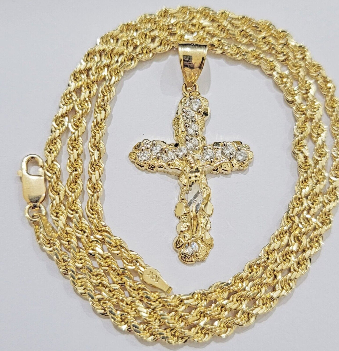 10k Gold Rope Chain Jesus Cross Charm Pendant Set 18 - 28" inch 3mm Necklace, REAL - Reva Jeweler