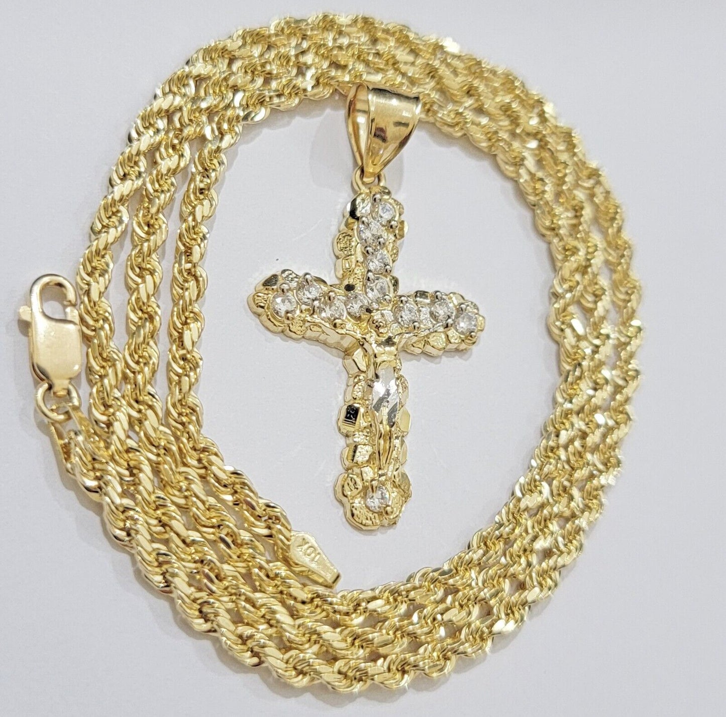 10k Gold Rope Chain Jesus Cross Charm Pendant Set 18 - 28" inch 4mm Necklace, REAL - Reva Jeweler