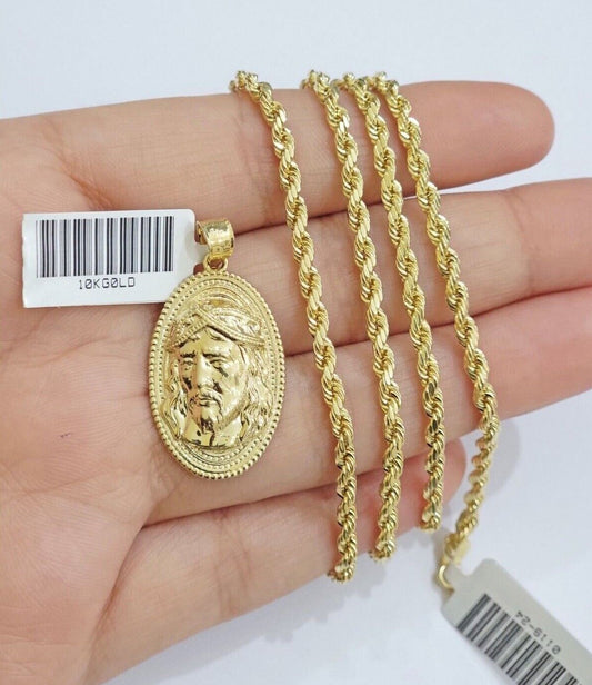10k Gold Rope Chain Jesus Head Charm Pendant Set 18 - 28" Inch 3mm Necklace REAL - Reva Jeweler