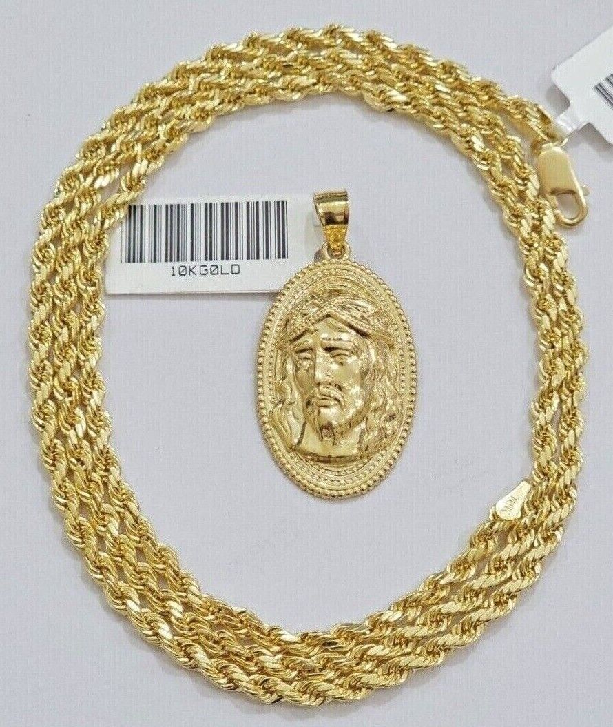 10k Gold Rope Chain Jesus Head Charm Pendant Set 18 - 28" Inch 3mm Necklace REAL - Reva Jeweler