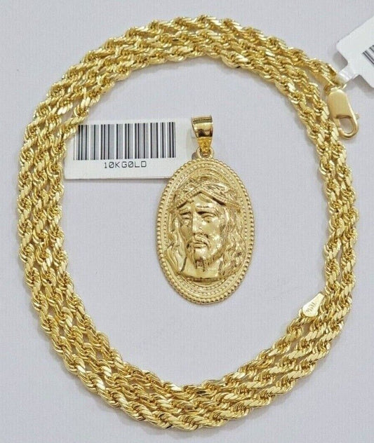 10k Gold Rope Chain Jesus Head Charm Pendant Set 18 - 28" Inch 3mm Necklace REAL - Reva Jeweler