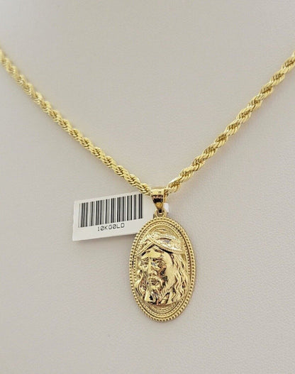 10k Gold Rope Chain Jesus Head Charm Pendant Set 18 - 28" Inch 3mm Necklace REAL - Reva Jeweler