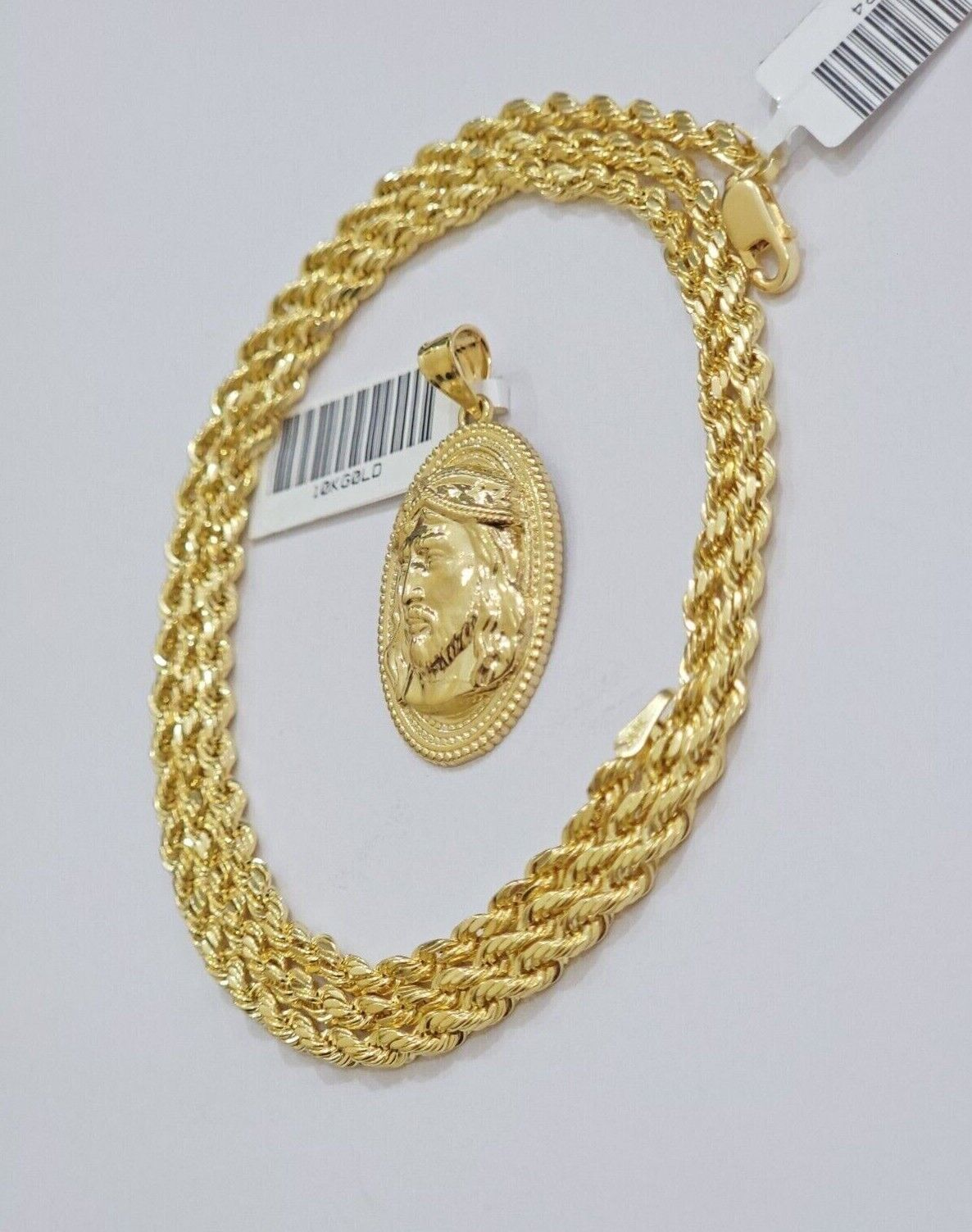 10k Gold Rope Chain Jesus Head Charm Pendant Set 18 - 28" Inch 3mm Necklace REAL - Reva Jeweler