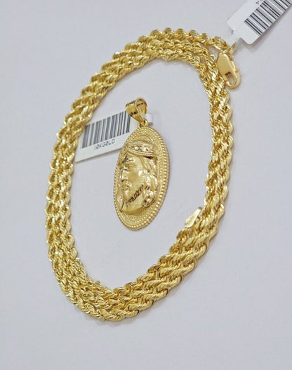 10k Gold Rope Chain Jesus Head Charm Pendant Set 18 - 28" Inch 3mm Necklace REAL - Reva Jeweler