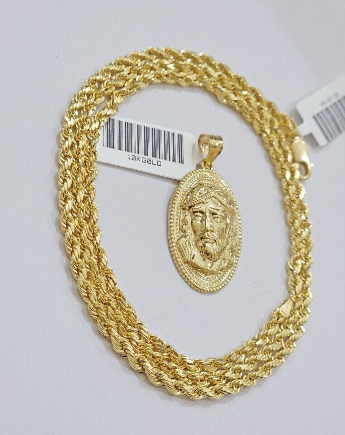 10k Gold Rope Chain Jesus Head Charm Pendant Set 22" Inch 3mm Necklace REAL SALE - Reva Jeweler