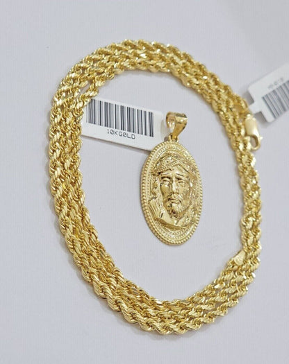10k Gold Rope Chain Jesus Head Charm Pendant Set 22" Inch 3mm Necklace REAL SALE - Reva Jeweler