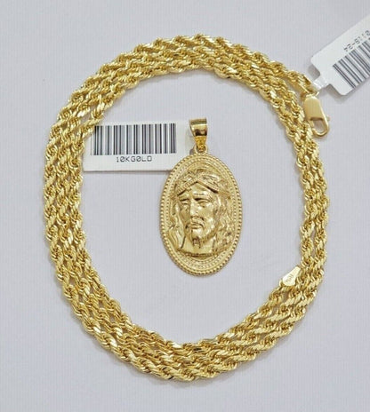 10k Gold Rope Chain Jesus Head Charm Pendant Set 22" Inch 3mm Necklace REAL SALE - Reva Jeweler