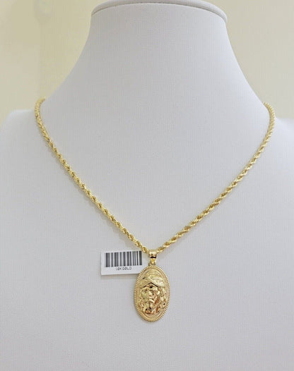 10k Gold Rope Chain Jesus Head Charm Pendant Set 22" Inch 3mm Necklace REAL SALE - Reva Jeweler