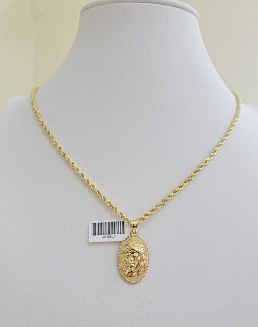 10k Gold Rope Chain Jesus Head Charm Pendant Set 22" Inch 3mm Necklace REAL SALE - Reva Jeweler
