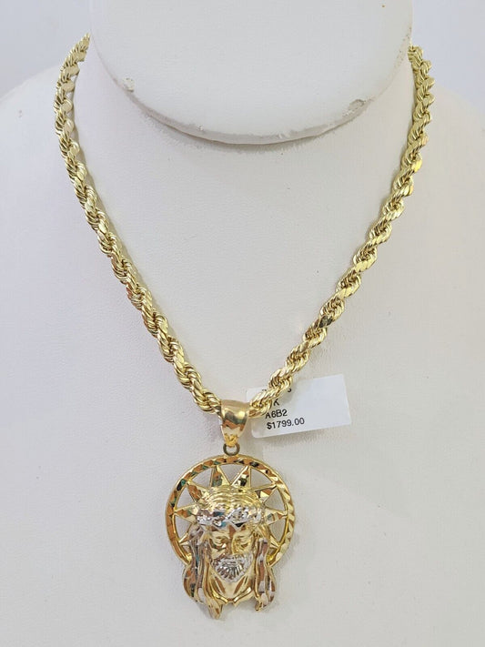 10k Gold Rope Chain & Jesus Head Charm SET 5mm 22 Inches Necklace - Reva Jeweler