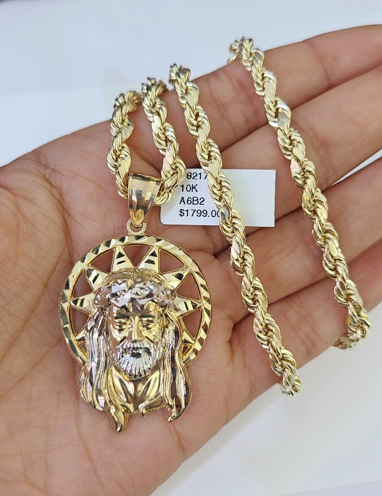 10k Gold Rope Chain & Jesus Head Charm SET 5mm 22 Inches Necklace - Reva Jeweler
