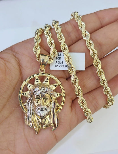 10k Gold Rope Chain & Jesus Head Charm SET 5mm 22 Inches Necklace - Reva Jeweler